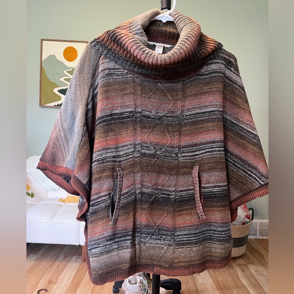 Striped Cowlneck Sweater Poncho in Brown & Rust Tones